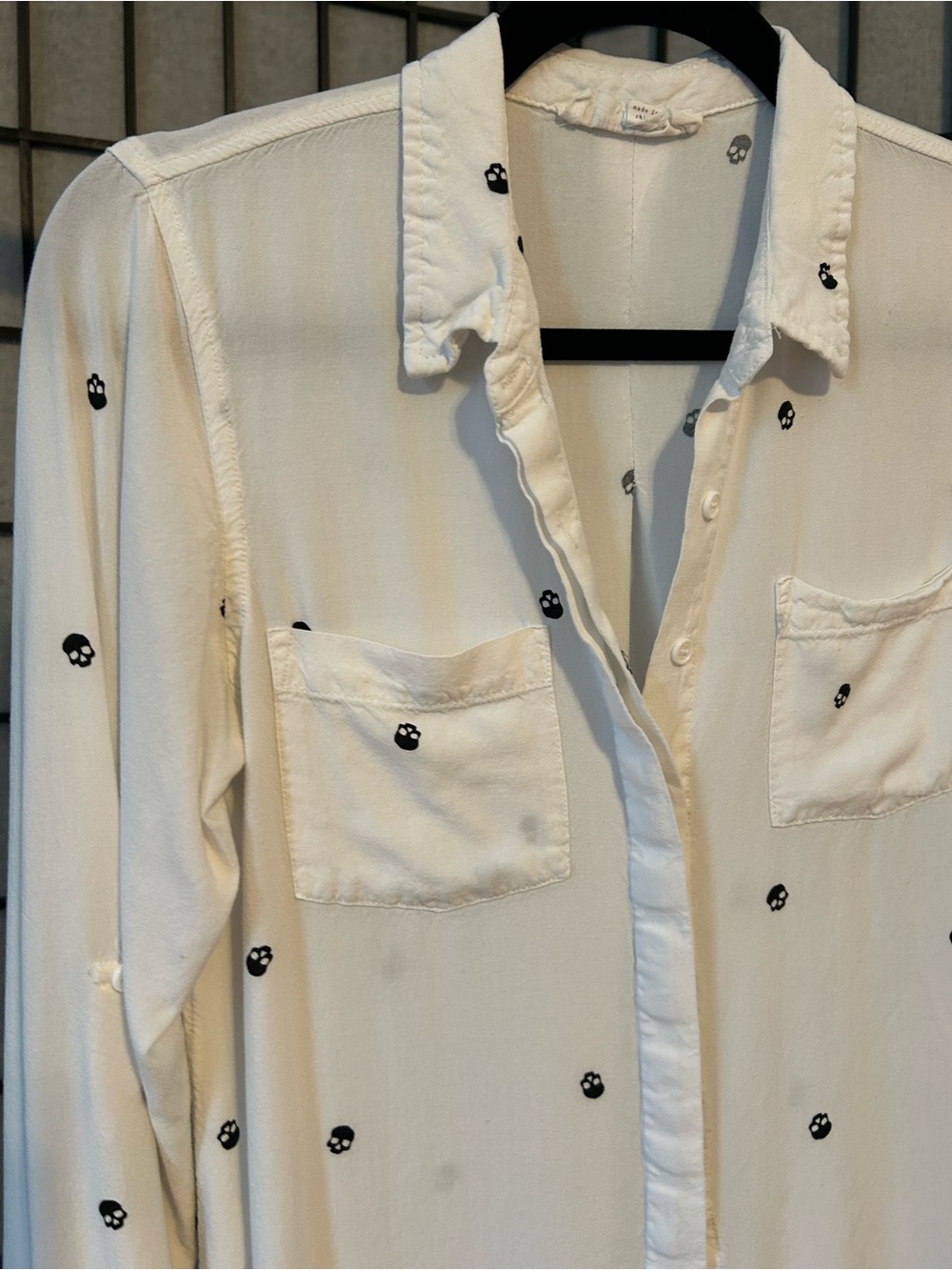 White Button Up Shirt with Black Skull Dots Size Small